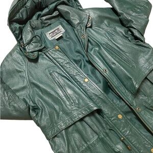 Vintage Otello Pelle Forest Green Leather Hooded Utility Jacket